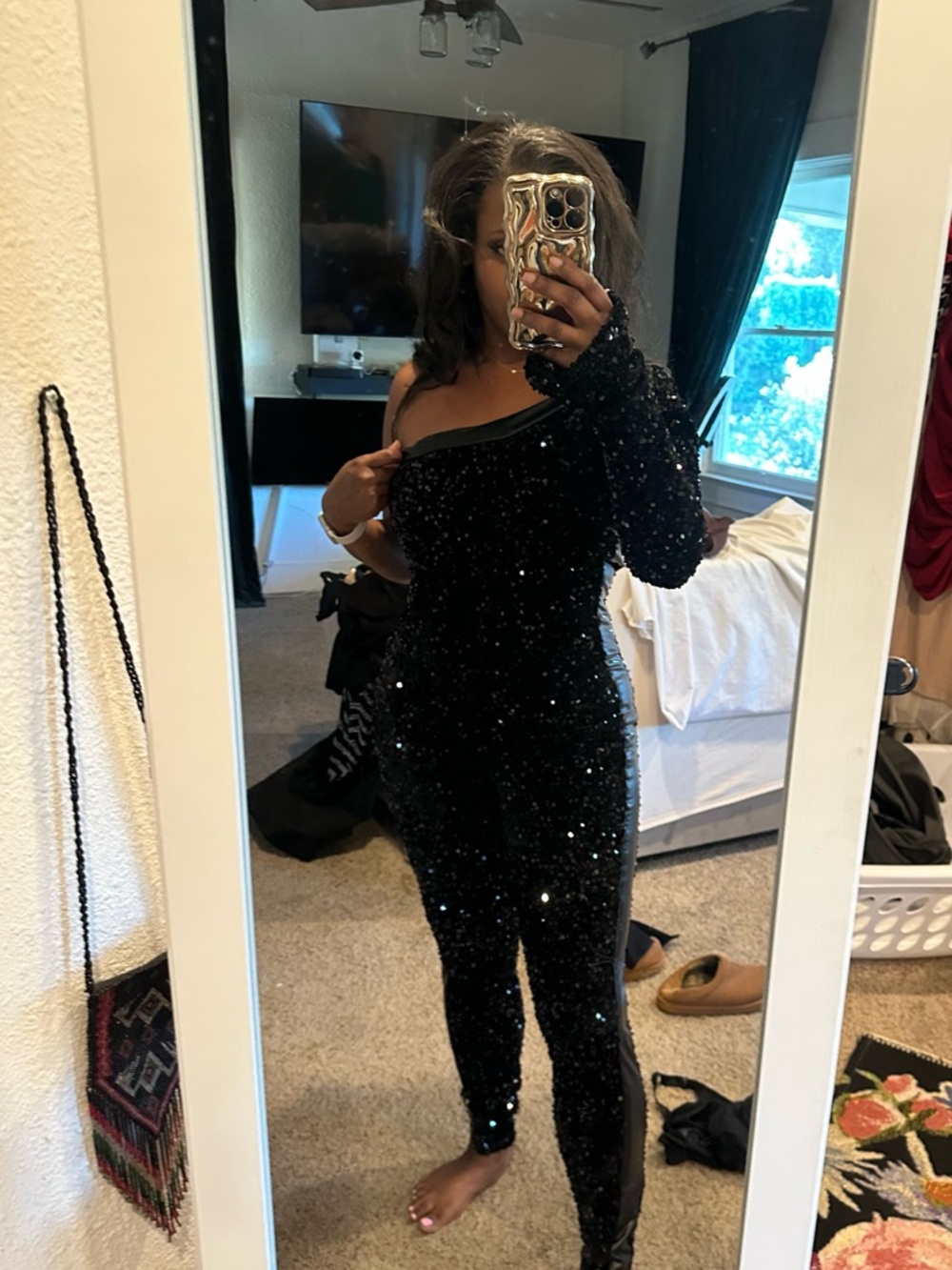 Black Sequin One-Shoulder Jumpsuit